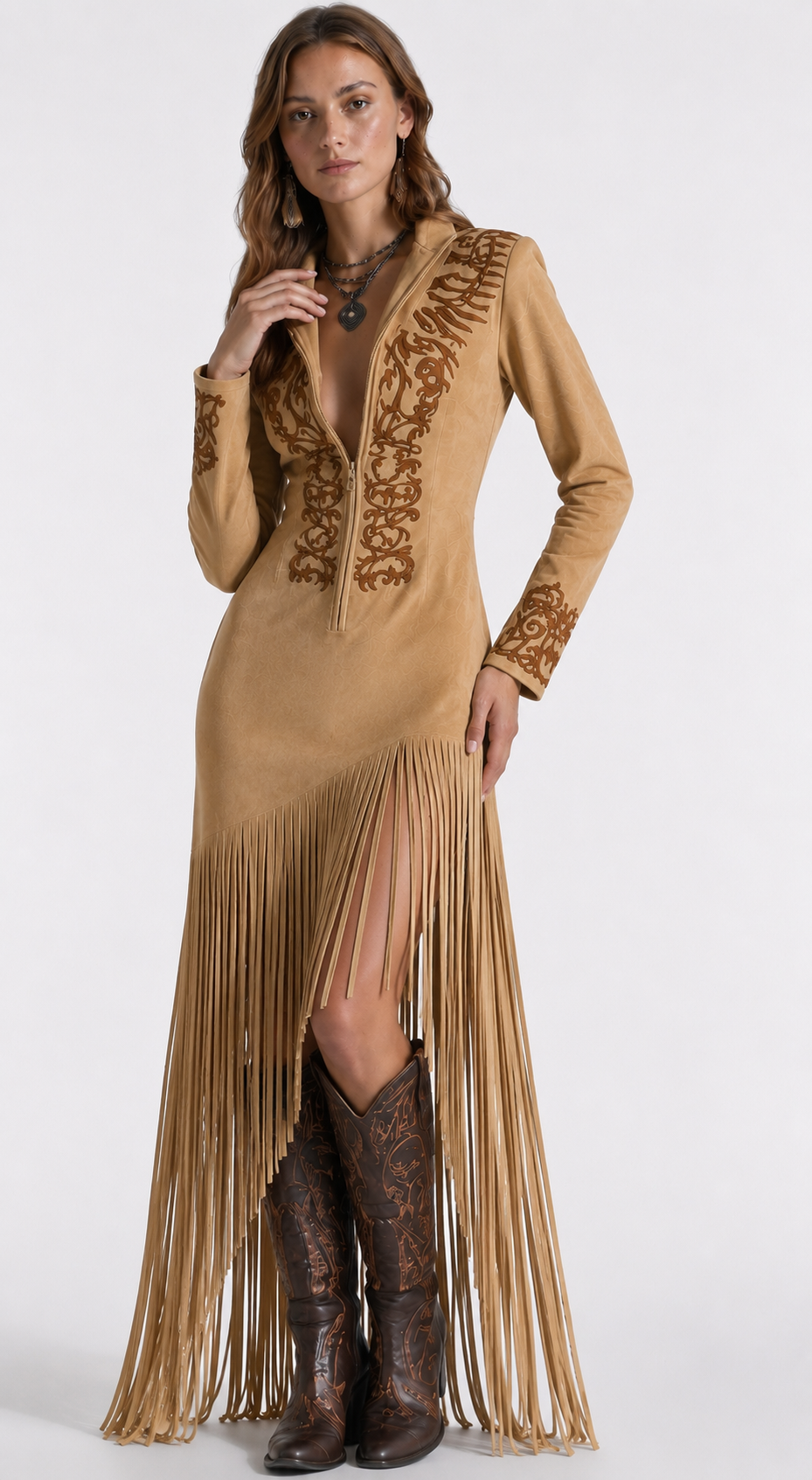 Vestido longo boho chic com bordado e franjas Sauvage VIEUX OFICIAL