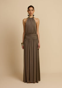 Vestido Longo Frente Única com Cintura Drapeada – Sable - VIEUX OFICIAL