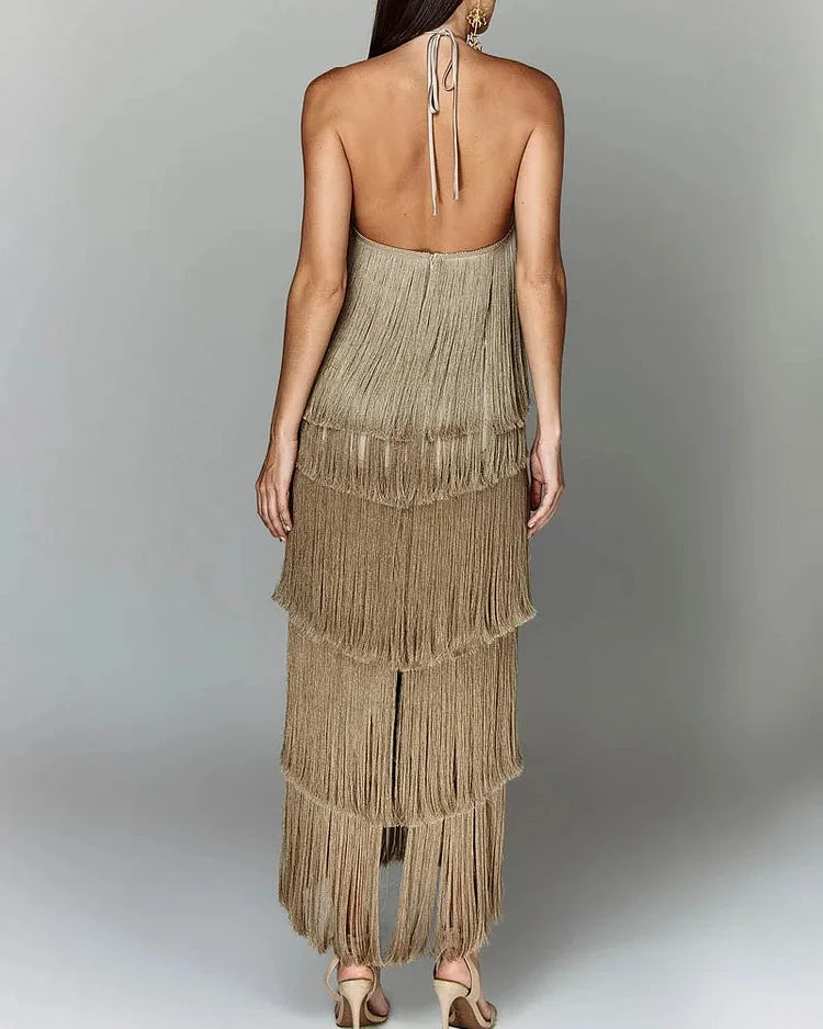 Vestido Feminino de Festa Elegante Longo Com Franjas Dourado - Montmartre - VIEUX OFICIAL