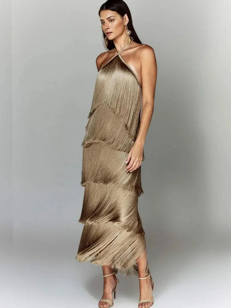 Vestido Feminino de Festa Elegante Longo Com Franjas Dourado- Montmartre - VIEUX OFICIAL