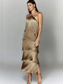 Vestido Feminino de Festa Elegante Longo Com Franjas Dourado- Montmartre - VIEUX OFICIAL