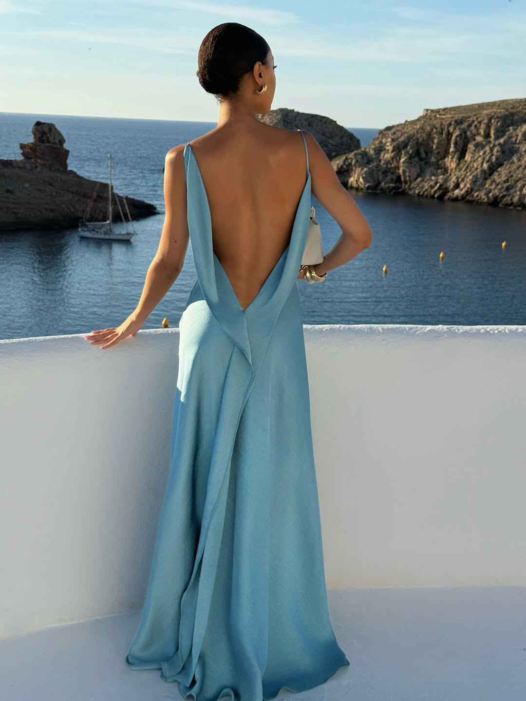 Vestido Longo de Cetim com Decote Degagê e Alças Finas Rosa – Viene