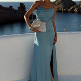 Vestido Longo de Cetim com Decote Degagê e Alças Finas Azul Serenity – Océane