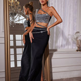 Vestido Longo de Festa Preto com Espelhos, Recortes Laterais e Fenda – Bonhomme