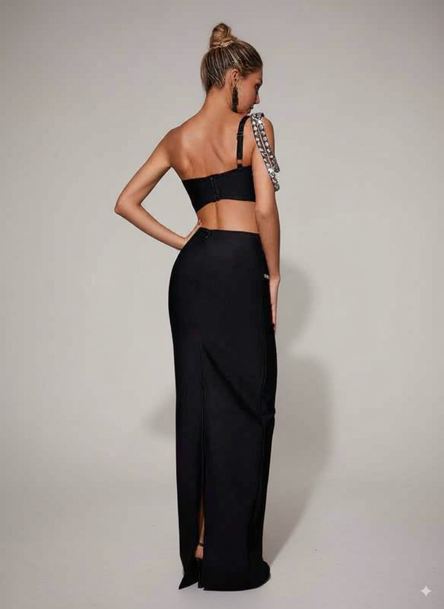 Vestido Longo de Festa Preto com Espelhos, Recortes Laterais e Fenda – Bonhomme - VIEUX OFICIAL