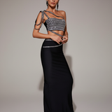 Vestido Longo de Festa Preto com Espelhos, Recortes Laterais e Fenda – Bonhomme