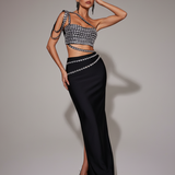 Vestido Longo de Festa Preto com Espelhos, Recortes Laterais e Fenda – Bonhomme