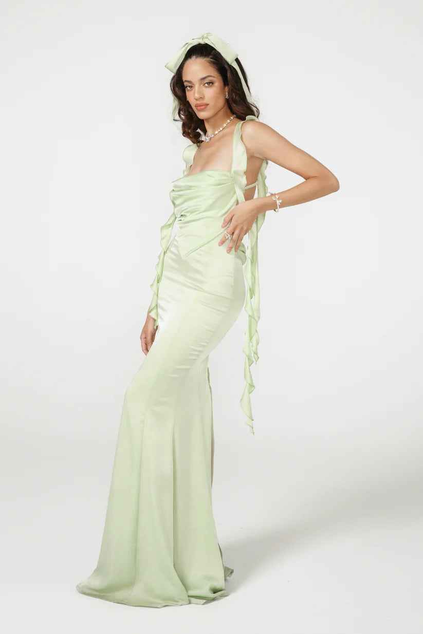 Vestido Longo Verde Menta de Festa com Alças em Amarração e Decote Coração Feminino – Verneuil