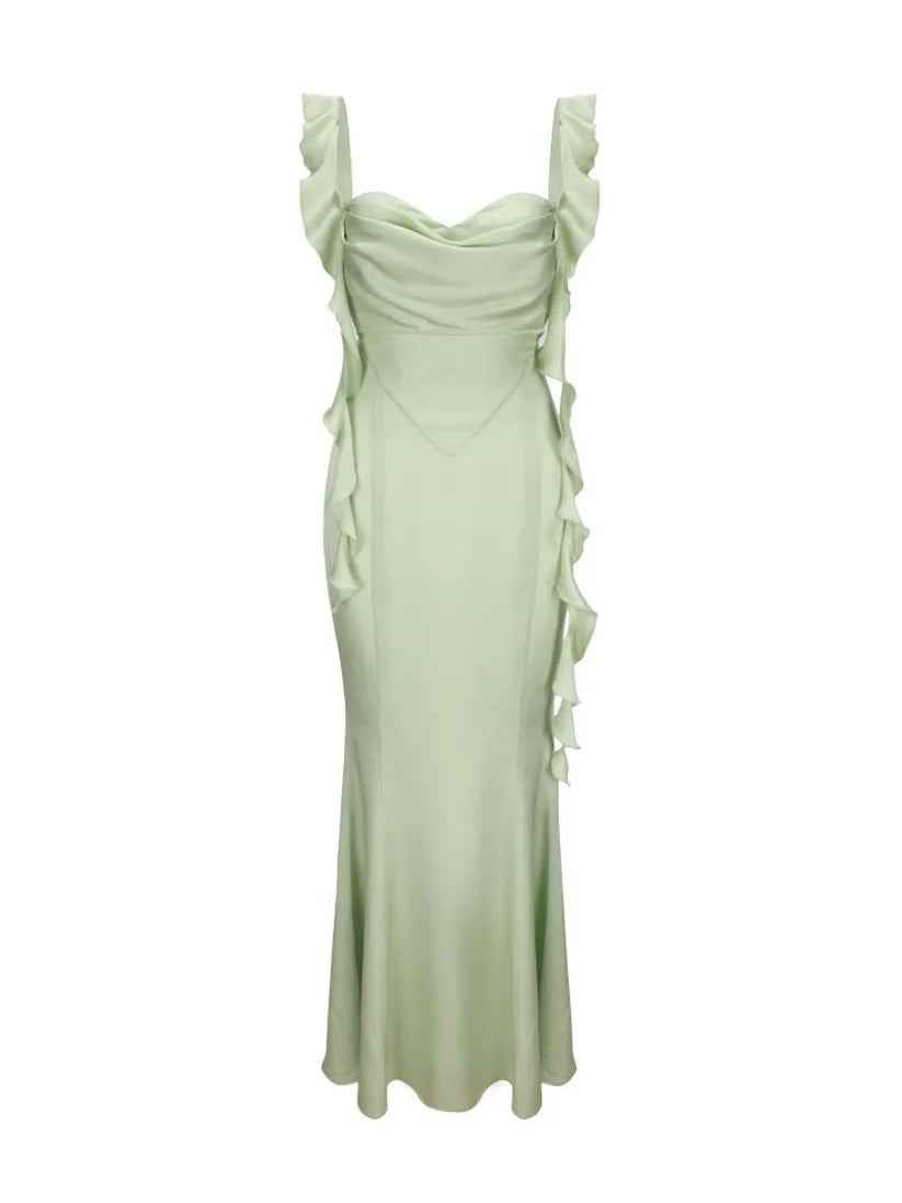 Vestido Longo Verde Menta de Festa com Alças em Amarração e Decote Coração Feminino – Verneuil