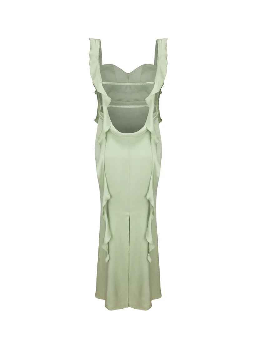 Vestido Longo Verde Menta de Festa com Alças em Amarração e Decote Coração Feminino – Verneuil