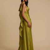 Vestido Longo de Festa em Cetim com Fenda Lateral e Decote Drapeado Feminino – VIENE - VIEUX OFICIAL