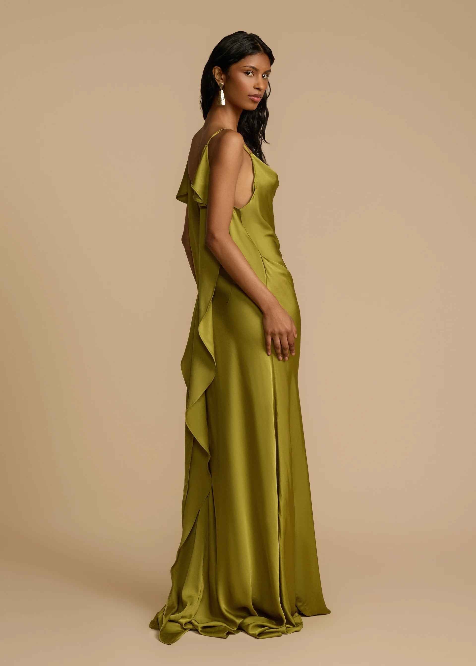 Vestido Longo de Festa em Cetim com Fenda Lateral e Decote Drapeado Feminino – VIENE - VIEUX OFICIAL
