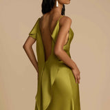 Vestido Longo de Festa em Cetim com Fenda Lateral e Decote Drapeado Feminino – VIENE - VIEUX OFICIAL