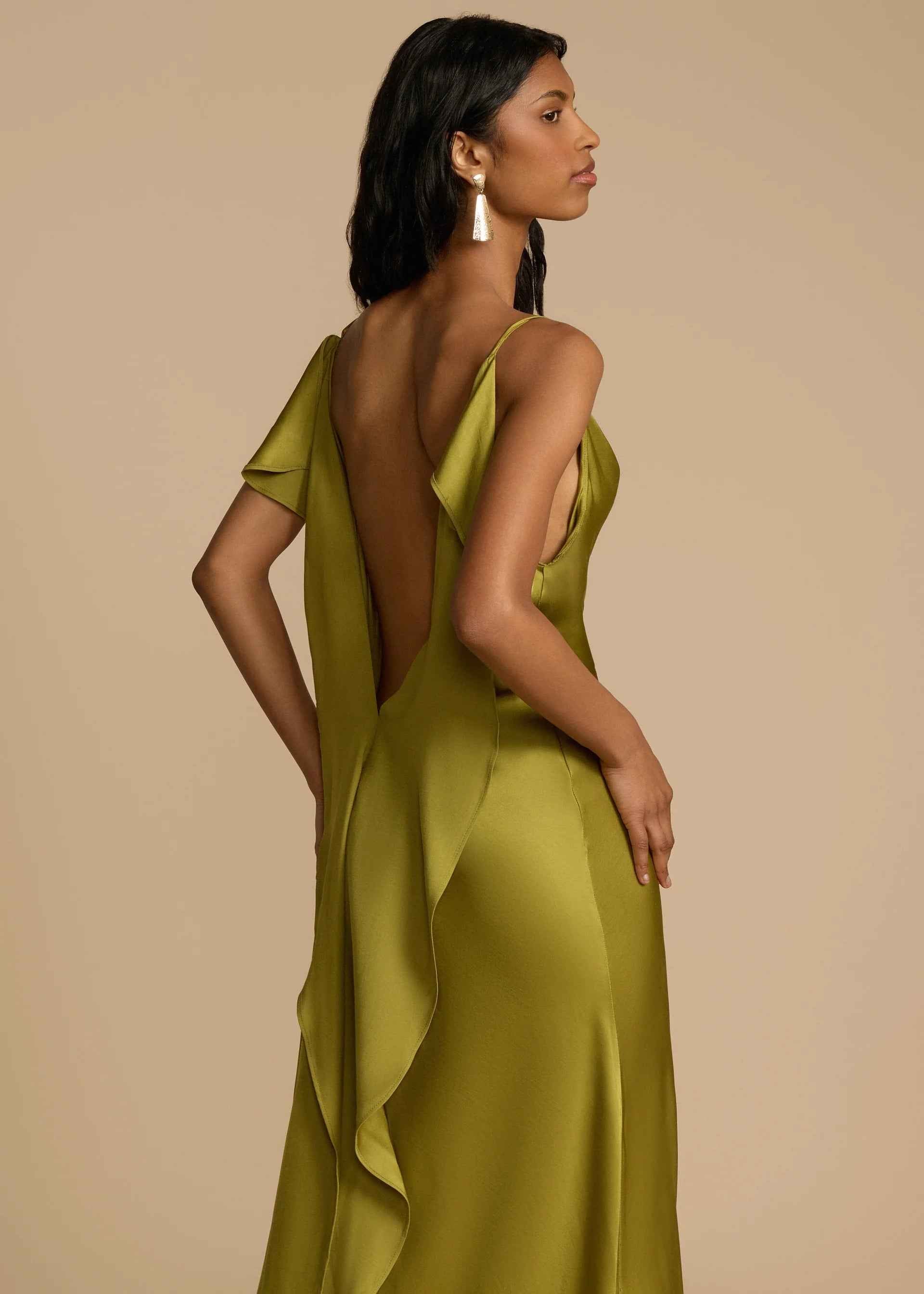 Vestido Longo de Festa em Cetim com Fenda Lateral e Decote Drapeado Feminino – VIENE - VIEUX OFICIAL