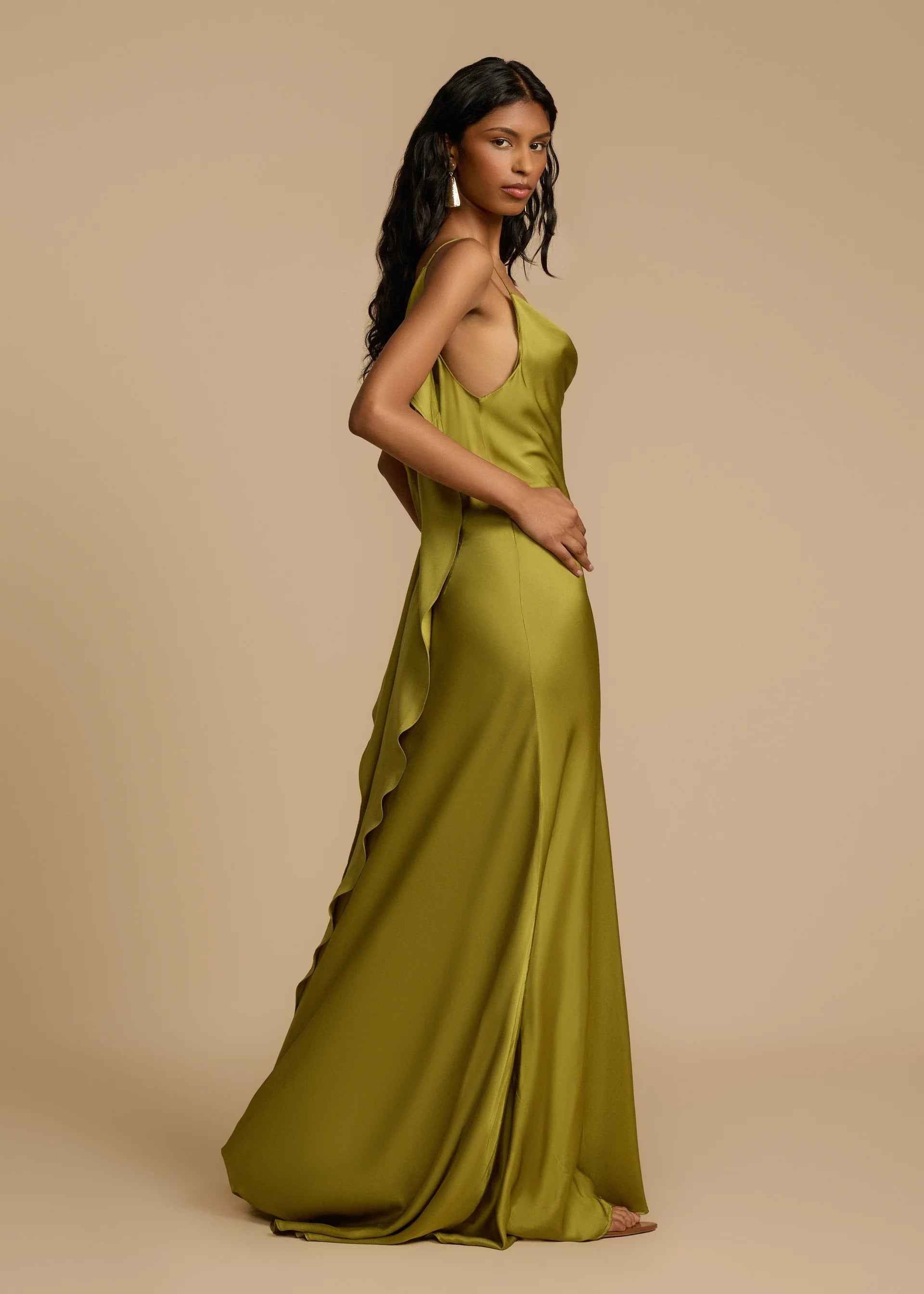 Vestido Longo de Festa em Cetim com Fenda Lateral e Decote Drapeado Feminino – VIENE - VIEUX OFICIAL