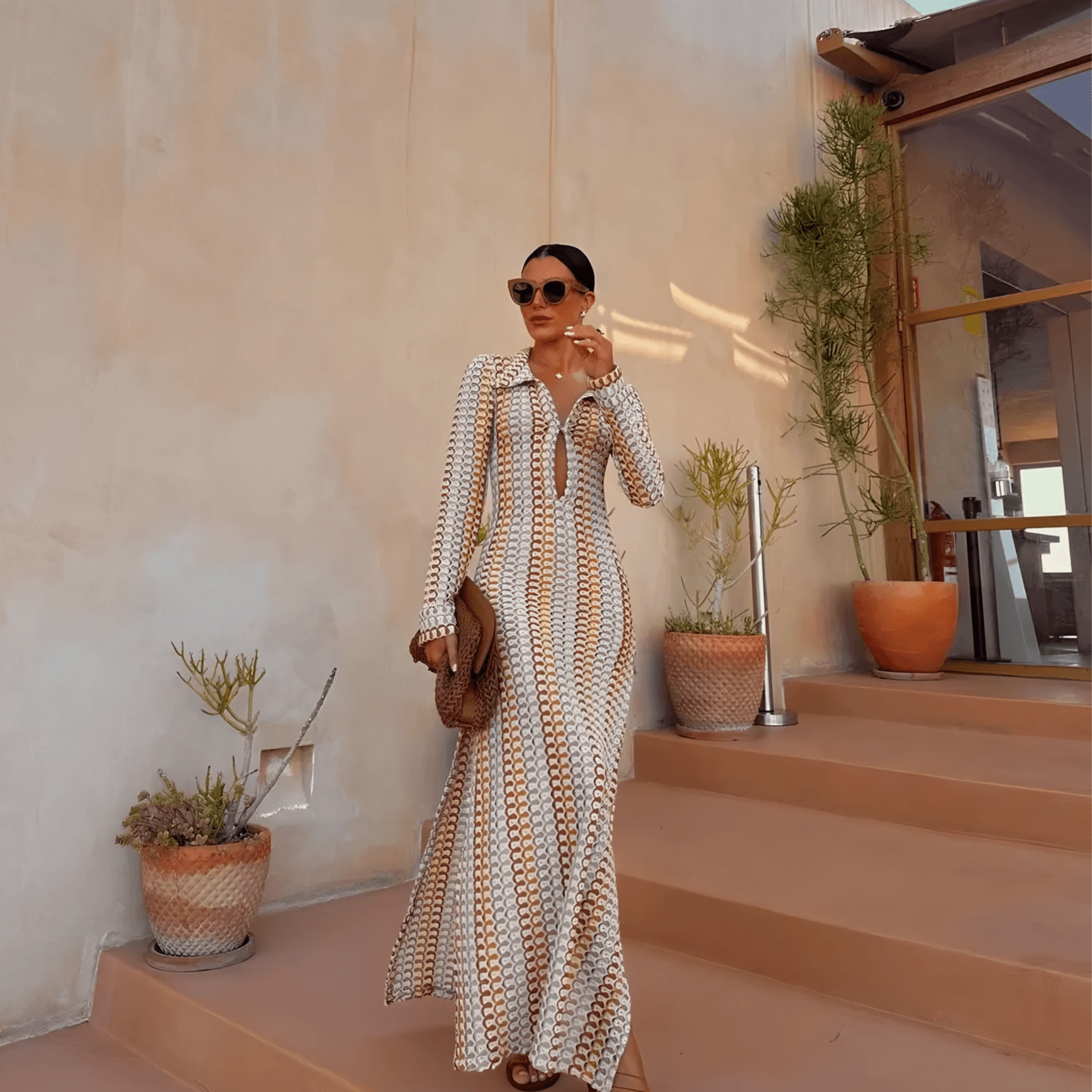 Vestido Longo de Tricô Estampado com Manga Sino e Decote Canoa – Camus - VIEUX OFICIAL