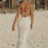 Vestido Longo de Tricô com Aplicações Florais 3D e Alças Finas – Brunel - VIEUX OFICIAL