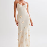 Vestido Longo de Tricô com Aplicações Florais 3D e Alças Finas – Brunel - VIEUX OFICIAL