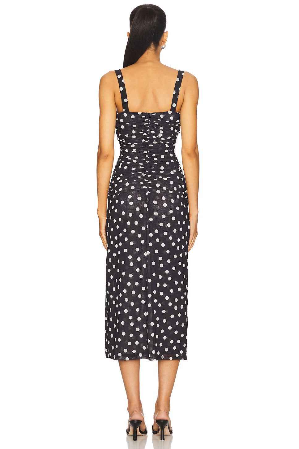 Vestido Midi Feminino Elegante Poá em Tule com Decote Estruturado e Alças – Noir Dots