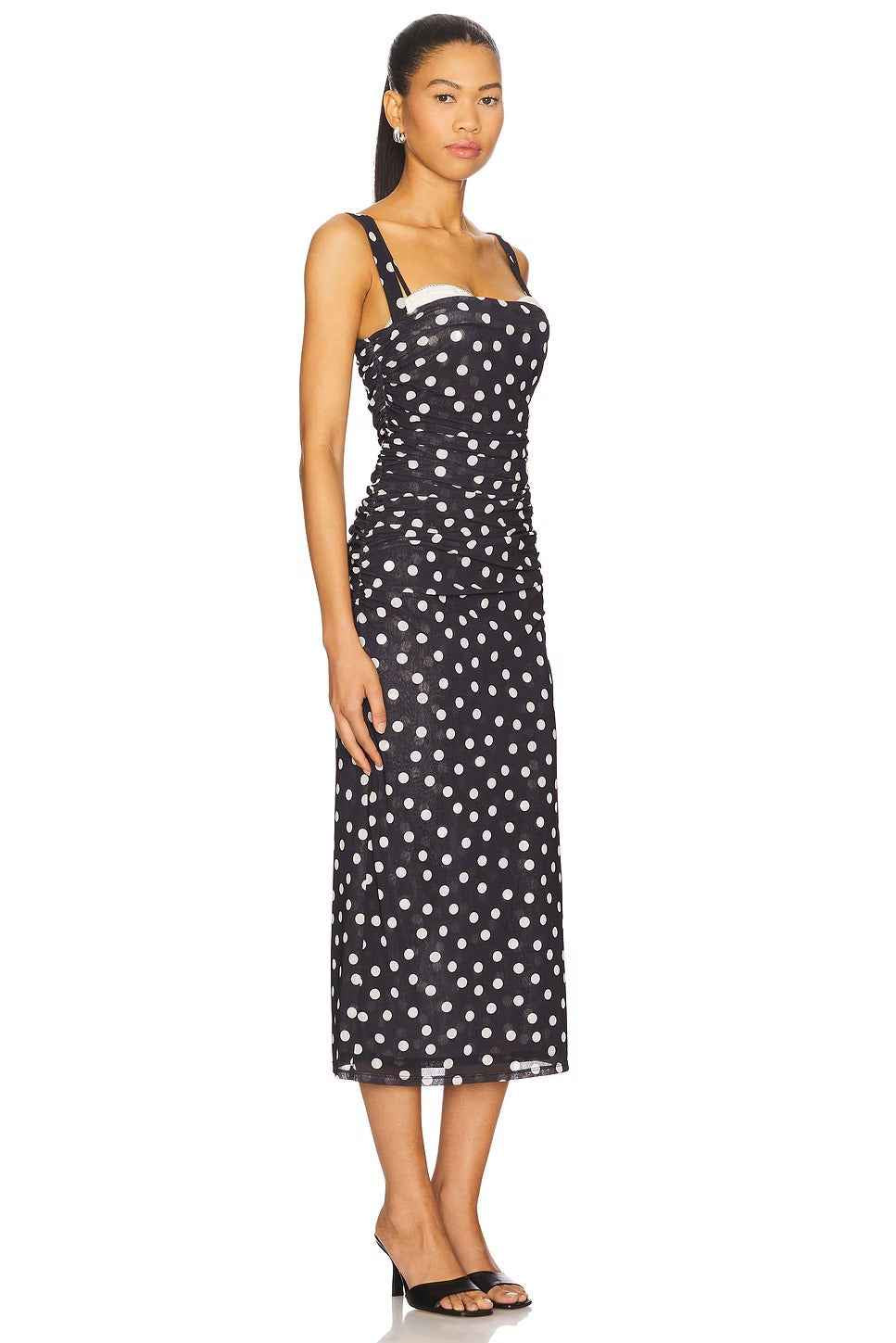 Vestido Midi Feminino Elegante Poá em Tule com Decote Estruturado e Alças – Noir Dots