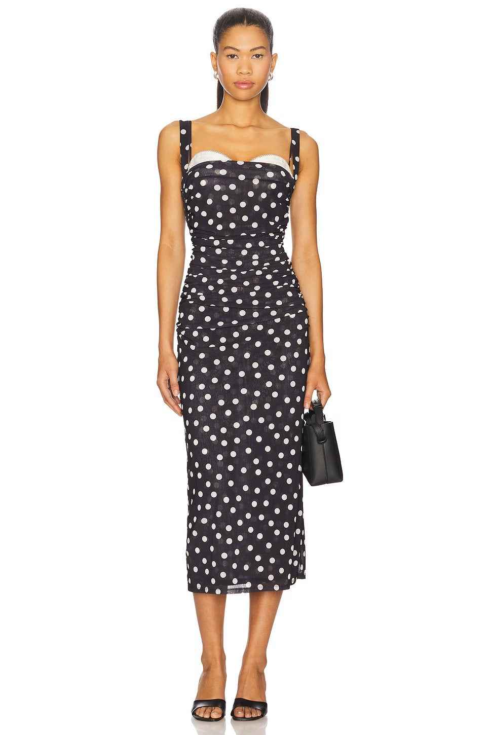 Vestido Midi Feminino Elegante Poá em Tule com Decote Estruturado e Alças – Noir Dots