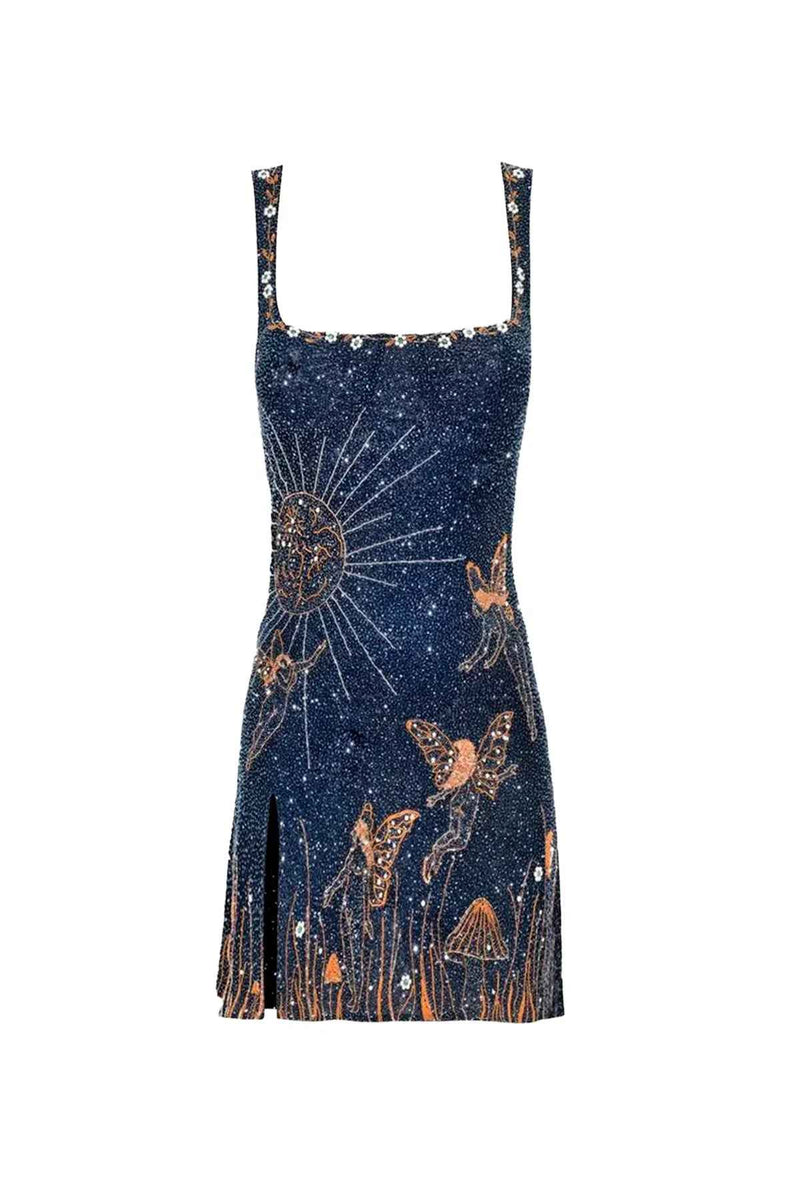 Vestido curto azul com bordado e fenda Minuit VIEUX OFICIAL