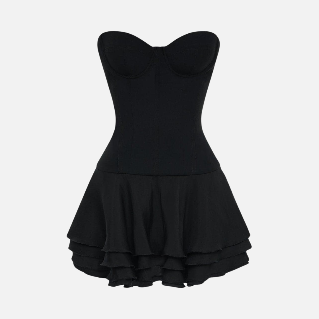 Vestido Curto Tomara que Caia com Corpete Estruturado e Saia de Babados – Ballon Noir - VIEUX OFICIAL