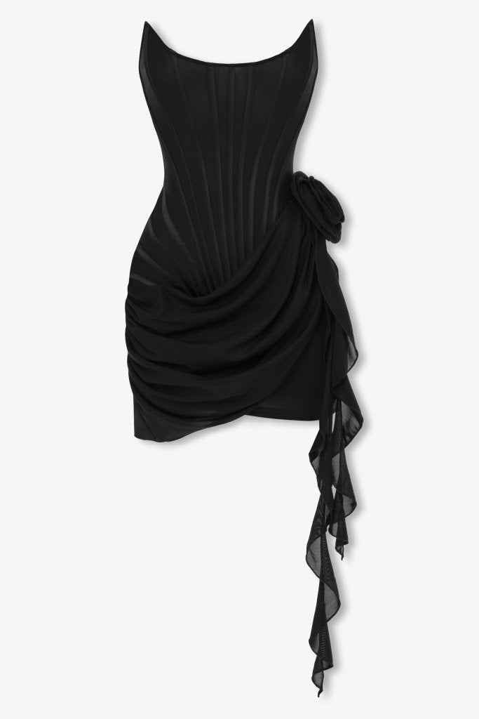 Vestido de festa curto tomara que caia com corpete drapeado e saia assimétrica preto Bigot VIEUX OFICIAL