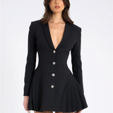 Vestido Blazer Curto Preto com Saia Plissada e Botões de Cristal – Boulud VIEUX OFICIAL