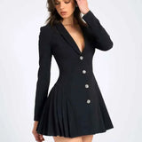 Vestido Blazer Curto Preto com Saia Plissada e Botões de Cristal – Boulud
