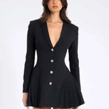 Vestido Blazer Curto Preto com Saia Plissada e Botões de Cristal – Boulud