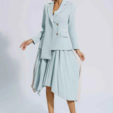 Vestido Blazer Midi Azul Serenity com Saia Plissada Assimétrica e Botões Dourados – Blaire VIEUX OFICIAL