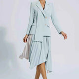 Vestido Blazer Midi Azul Serenity com Saia Plissada Assimétrica e Botões Dourados – Blaire VIEUX OFICIAL