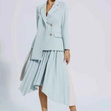 Vestido Blazer Midi Azul Serenity com Saia Plissada Assimétrica e Botões Dourados – Blaire VIEUX OFICIAL