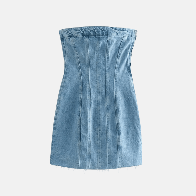 Vestido jeans curto tomara que caia estilo corset azul claro Bordeaux VIEUX OFICIAL