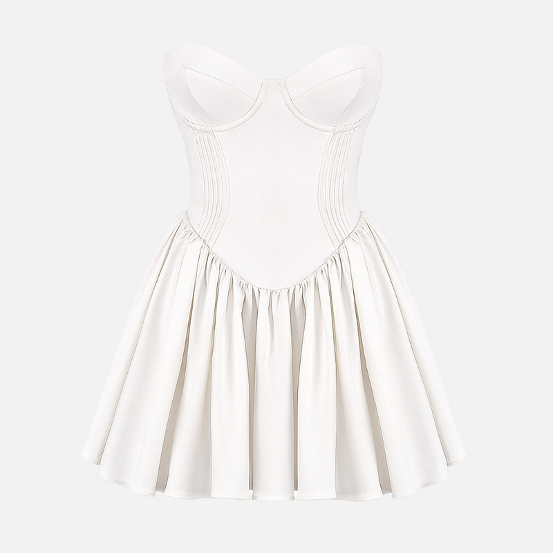 Vestido curto de festa tomara que caia com corpete estruturado e saia rodada branco Céline VIEUX OFICIAL
