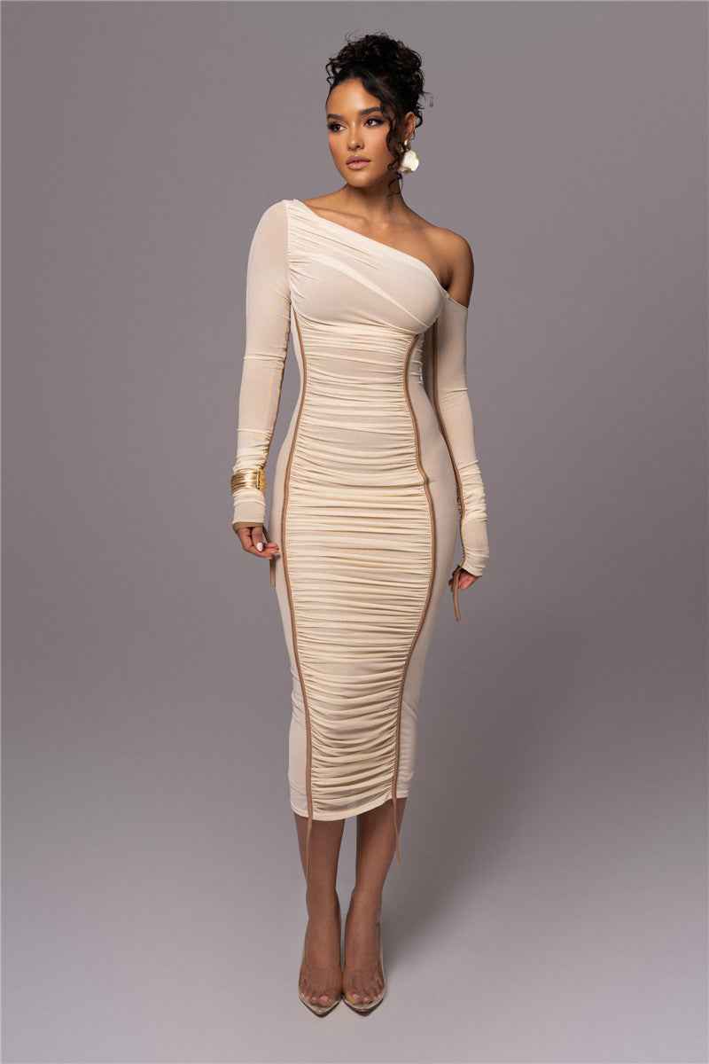 Vestido midi de festa assimétrico com manga longa e franzidos bege Caille VIEUX OFICIAL