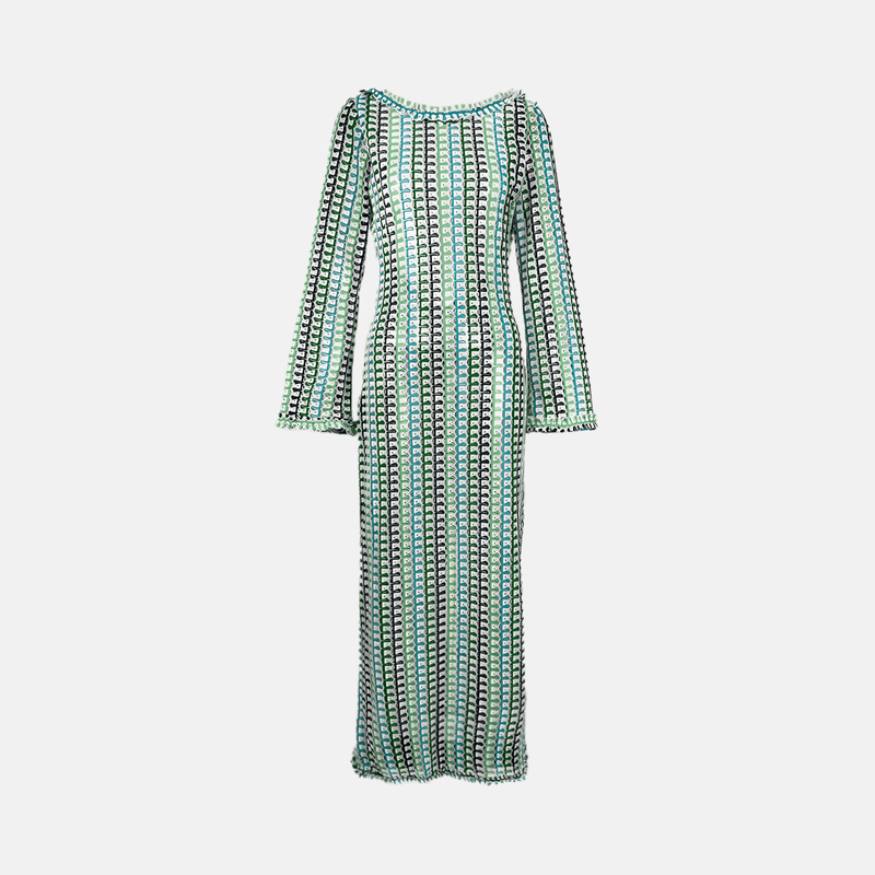 Vestido longo de tricô estampado com manga sino e decote canoa verde Camus VIEUX OFICIAL