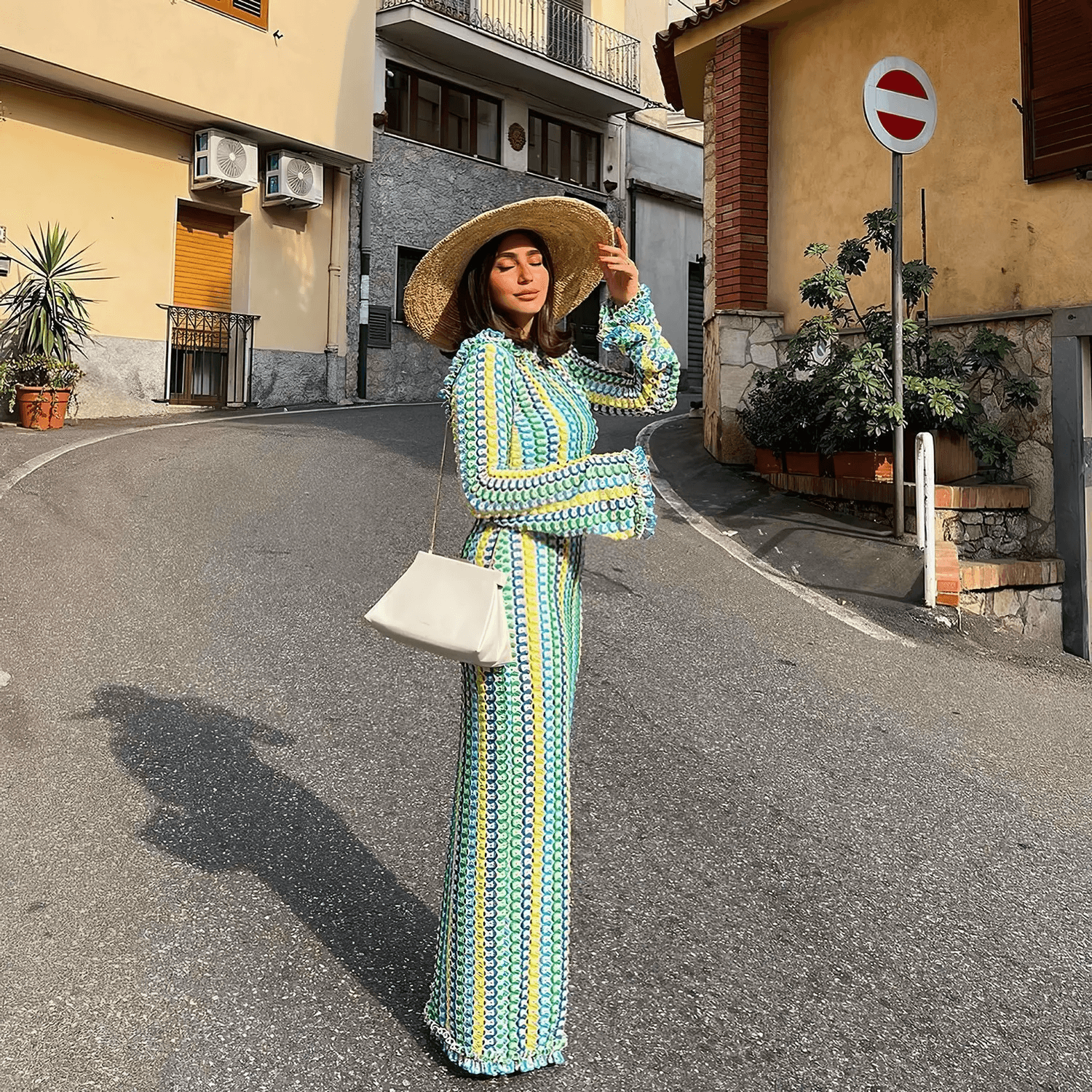 Vestido Longo de Tricô Estampado com Manga Sino e Decote Canoa – Camus - VIEUX OFICIAL