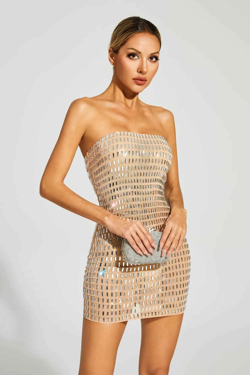 Vestido curto tomara que caia com aplicações espelhadas nude Chauvet VIEUX OFICIAL