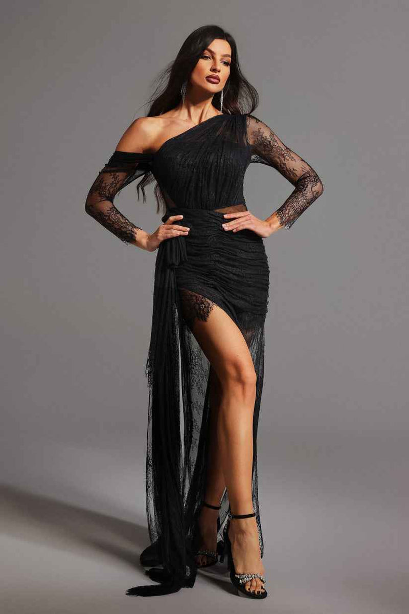 Vestido longo de festa assimétrico com fenda alta e renda transparente preto Cherie VIEUX OFICIAL
