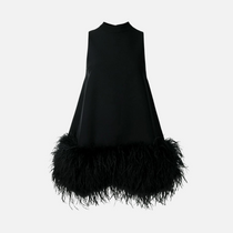 Vestido curto de festa preto com gola alta e barra de plumas Cordier VIEUX OFICIAL