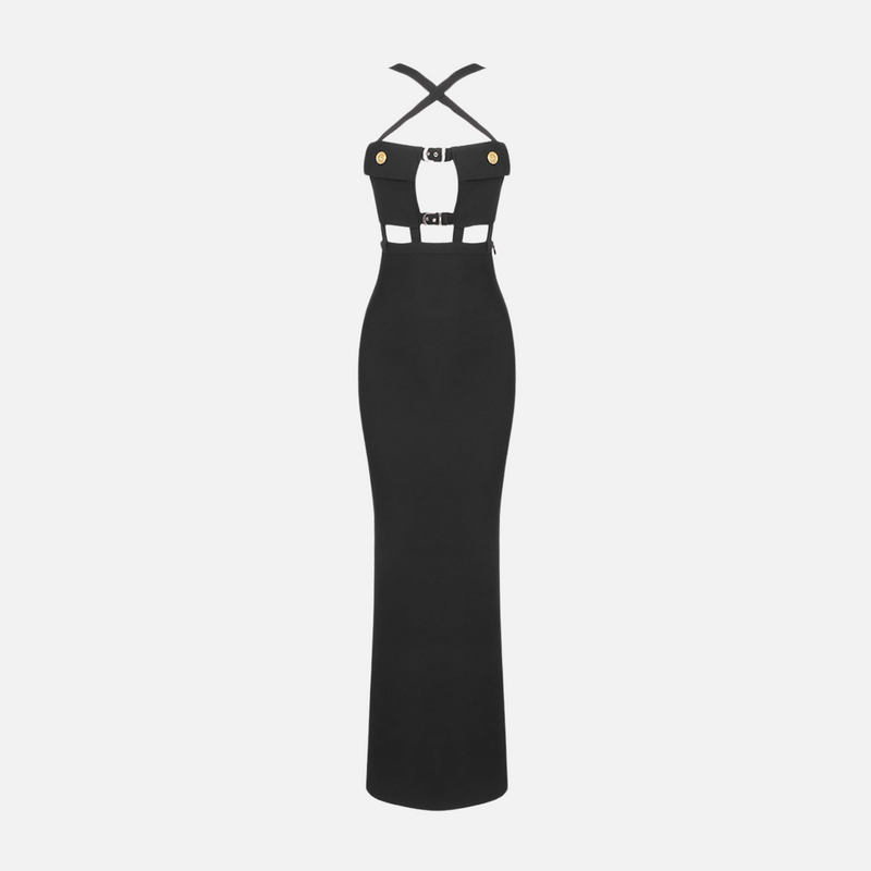Vestido longo de festa preto com recortes e alças cruzadas Corsage VIEUX OFICIAL
