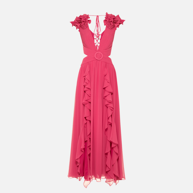 Vestido longo de festa com babados e detalhes florais em tule rosa Courbe VIEUX OFICIAL