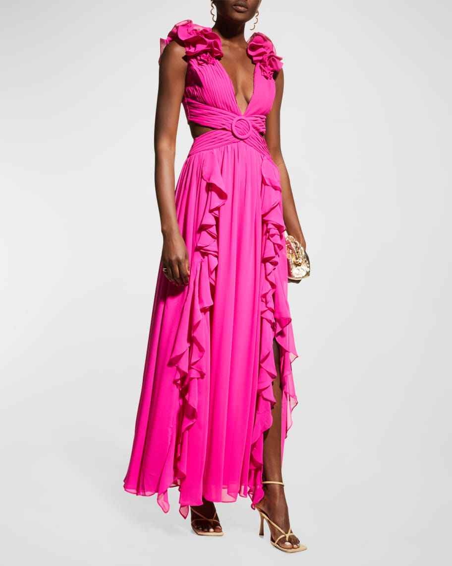 Vestido Longo de Festa com Babados e Detalhes Florais em Tule – Courbe - VIEUX OFICIAL