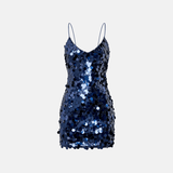 Vestido Curto Azul Marinho com Lantejoulas Grandes e Alças Finas - Paillette VIEUX OFICIAL