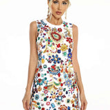 Vestido Curto Branco de Festa com Estampa de Joias Barrocas Coloridas – Olya VIEUX OFICIAL