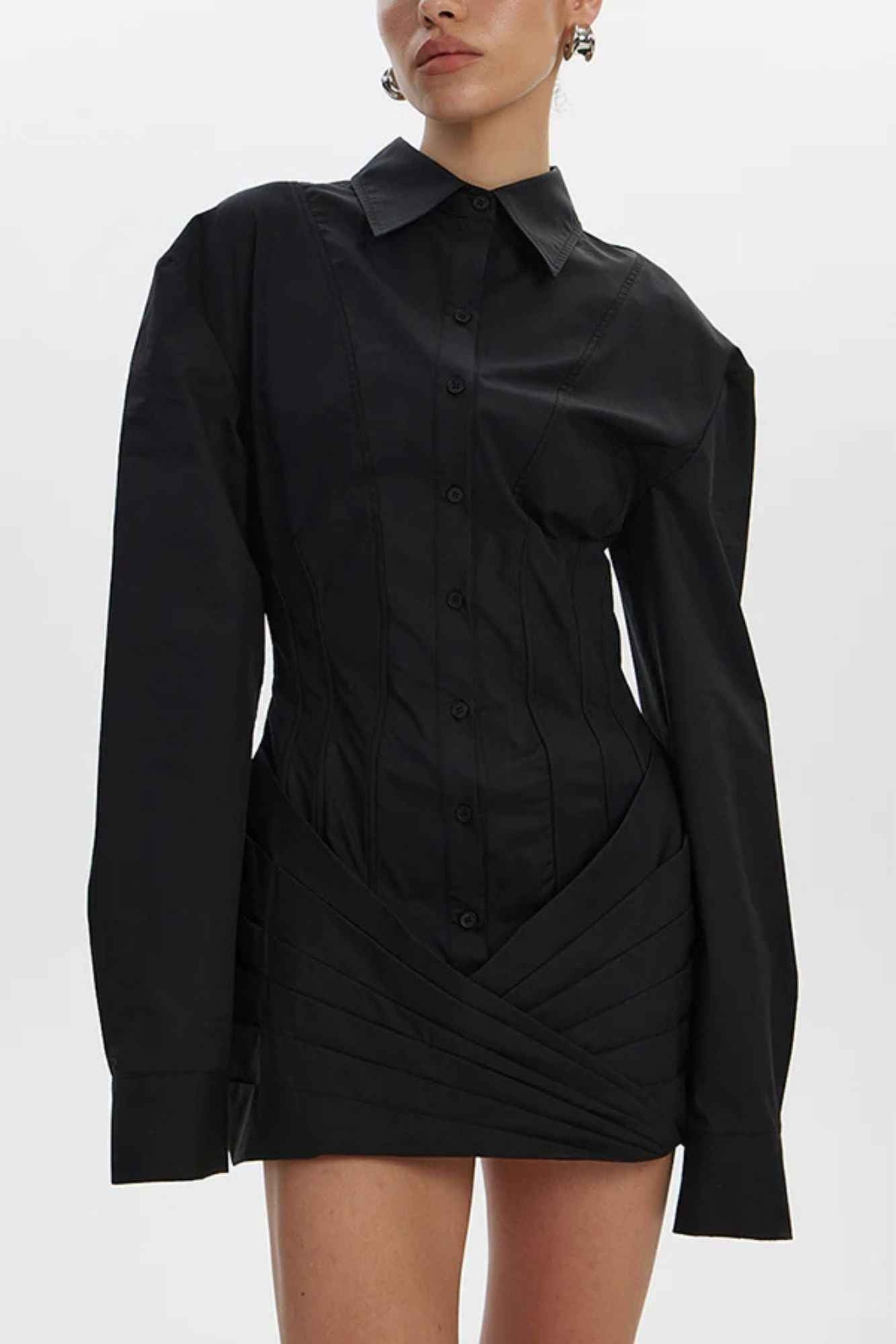 Vestido Curto Camisa Estilo Corset Manga Longa com Saia Drapeada – Francesca