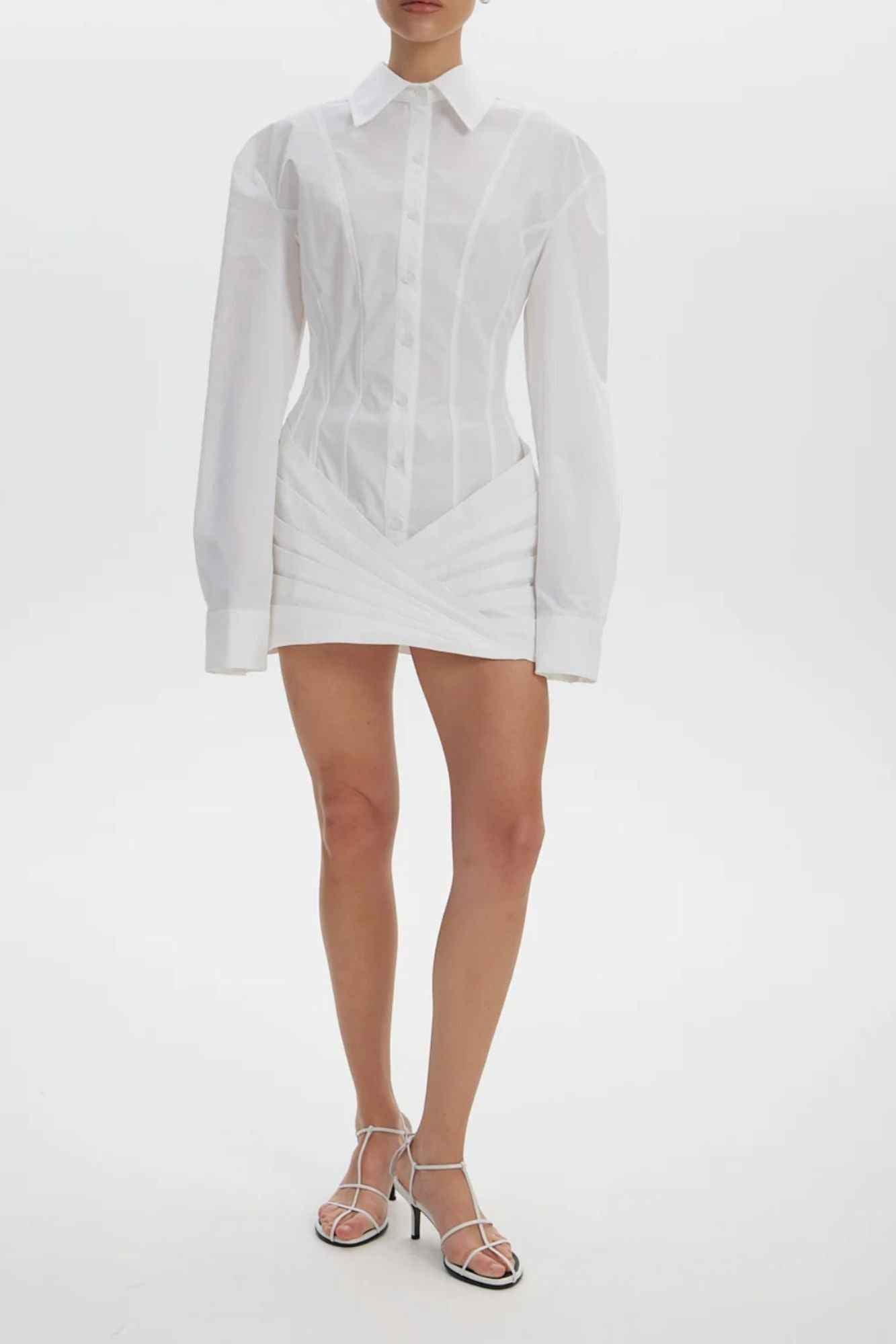 Vestido Curto Camisa Estilo Corset Manga Longa com Saia Drapeada – Francesca