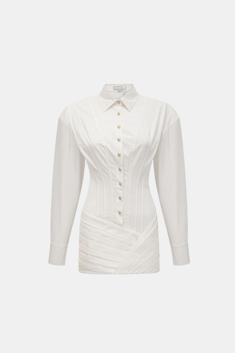 Vestido curto camisa estilo corset com manga longa e saia drapeada Francesca VIEUX OFICIAL